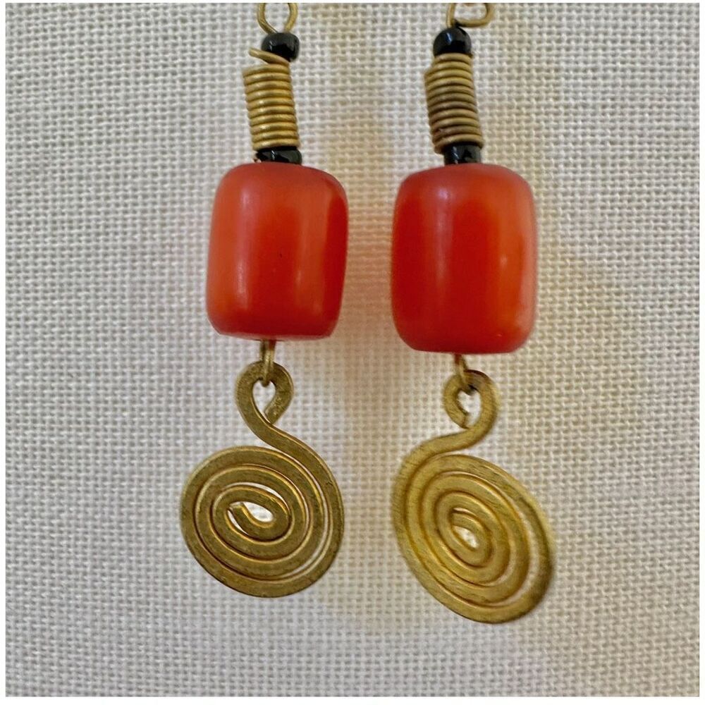 Gold tone and Orange beaded spiral earrings